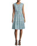 Sleeveless Split-Neck Tiered Dress, Turquoise/Combo