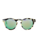 Leonard Round Horn-Pattern Sunglasses with Mirror Lens