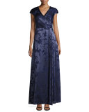 Leaf Printed Coupe Gown with Beaded Neckline, Navy