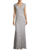 Fleur Beaded Cap-Sleeve V-Neck Gown, Silver