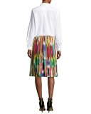 Ikat-Print Pleated A-Line Skirt, Green