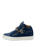 Men's Suede & Leather Mid-Top Sneaker w/Chain Link Strap, Blue