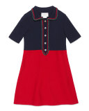 Short-Sleeve Colorblock Wool-Blend Dress, Red/Navy, Size 4-12