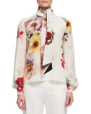 Bouquet-Print Tie-Neck Blouse, Multi