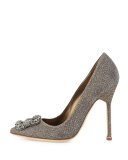 Hangisi Crystal-Buckle Shimmery 105mm Pump, Gold