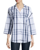 Analeigh Plaid Bracelet-Sleeve Blouse, Denim Blue Multi