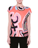 Cap-Sleeve Monogram-Print Top, Coral/Multi