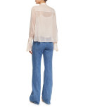 Long-Sleeve Sheer Chiffon Ruffle Blouse, Powder