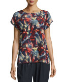 Nadette Short-Sleeve Abstract-Print Silk Blouse, Ink Multi