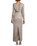 3/4-Sleeve Sequin Drape-Back Column Gown, Champagne