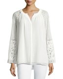 Daniela Long-Sleeve Pleated Blouse, White