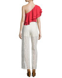 Beaded Crochet-Lace Wide-Leg Pants, Ivory