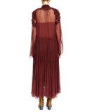 Long-Sleeve Ruched Tiered Maxi Dress, Plum