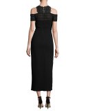 Lace-Trim Cold-Shoulder Midi Dress, Noir