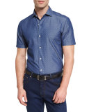 Diamond Jacquard Short-Sleeve Chambray Shirt, Blue