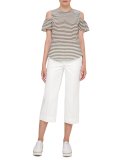 Striped Ruffled Cold-Shoulder Blouse, Khaki/Cream