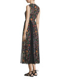 Fancy Flower Sleeveless Midi Dress, Black