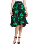High-Waist Floral Leaf Skirt, Green/Black