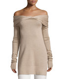 Twisted Off-Shoulder Long-Sleeve Tunic, Oatmeal Melange
