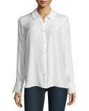 Ruffle-Cuff Silk Blouse, Blanc