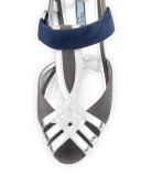 Snake & Suede Ankle-Wrap Sandal, Nebbia/Argento