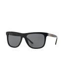 Check-Temple Rectangular Sunglasses, Black