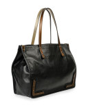 Granada Calf Leather Tote Bag, Black/Dark Brass