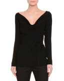 Long-Sleeve Draped-Neck Belted Top, Black