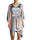 V-Neck Floral-Print Silk Short Caftan, Silver