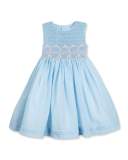 Sleeveless Floral-Trim Smocked Dress, Blue, Size 7-10