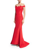 Pleated Off-the-Shoulder Mermaid Gown, Dark Red