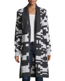 Cashmere Pixel-Print Long Cardigan, Charcoal/White