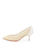 Guni Mesh Spike 55mm Red Sole Pump, Beige/White Ivory