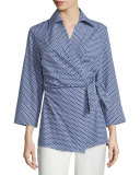 Honeycomb-Dot Wrap Blouse, Navy/White