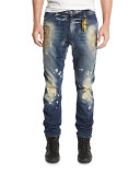 Distressed Side-Stripe Military Denim Jeans, Blue