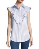 Striped Frill-Yoke Shirt, Navy