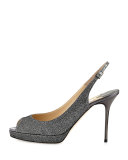 Nova Peep-Toe Lamé Slingback, Pewter