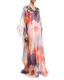 Embellished-Neck Floral-Print Caftan, Red Pattern