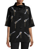 Spaghetti & Fork Half-Sleeve Swing Coat, Black