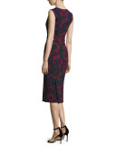 Sleeveless Poppy-Print Sheath Dress, Bordeaux/Black