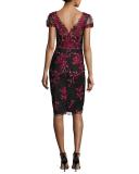 Rose-Embroidered Cap-Sleeve Cocktail Dress, Black
