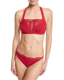 Lace-Up Front Halter Swim Top, Black