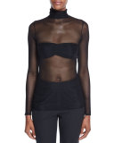 Celena Sheer Mesh Turtleneck Top, Black