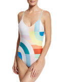 Classic V-Neck One-Piece Swimsuit, White/Multicolor