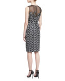 Floral-Embroidered Lace Cocktail Dress, Black/Silver