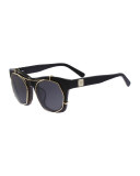 Square Monochromatic Clip Sunglasses, Black/Gold
