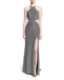 Sleeveless Cross-Back Metallic Column Gown, Silver