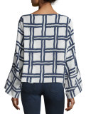 Windowpane Kimono-Sleeve Blouse, White/Navy