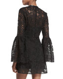 Long-Sleeve Lace Zip-Front Mini Dress, Black