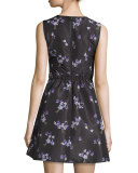 Violet-Print Faille A-Line Dress, Black